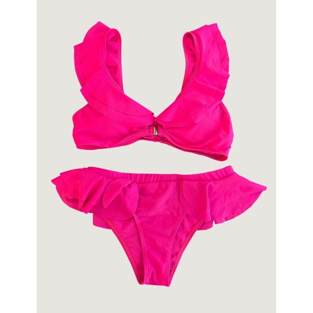 SHEIN Hot Pink Ruffle Bikini Set V-Neck Front Clasp Two Piece Swimsuit L 1565